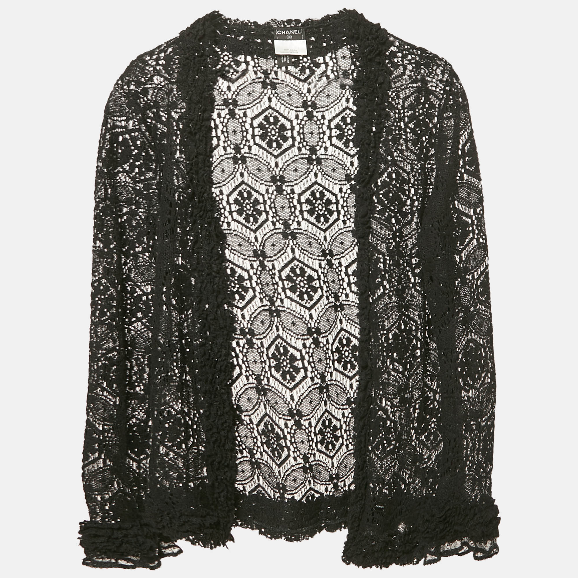 Chanel Black Lace Ruffled Open Front Cardigan M, Sweaters & Cardigans - Luxury Closet catalog