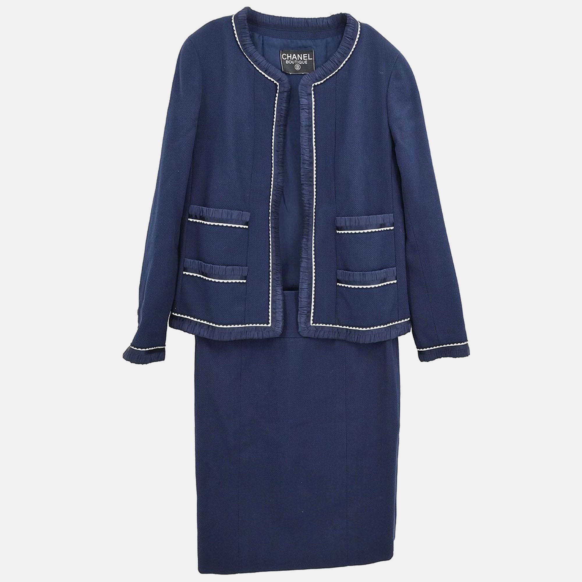 Chanel Navy Blue Collarless Jacket Skirt Suit Set Size 38, Coats & Jackets - Luxury Closet catalog