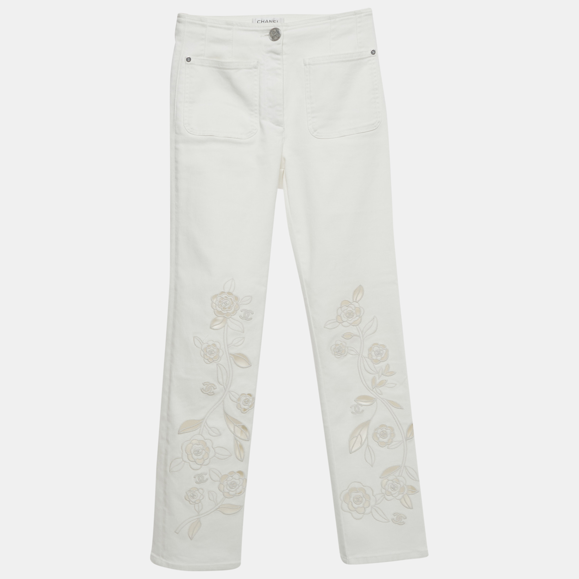 Chanel White Floral Embroidery Cotton Drill Pants S, Clothing - Luxury Closet catalog