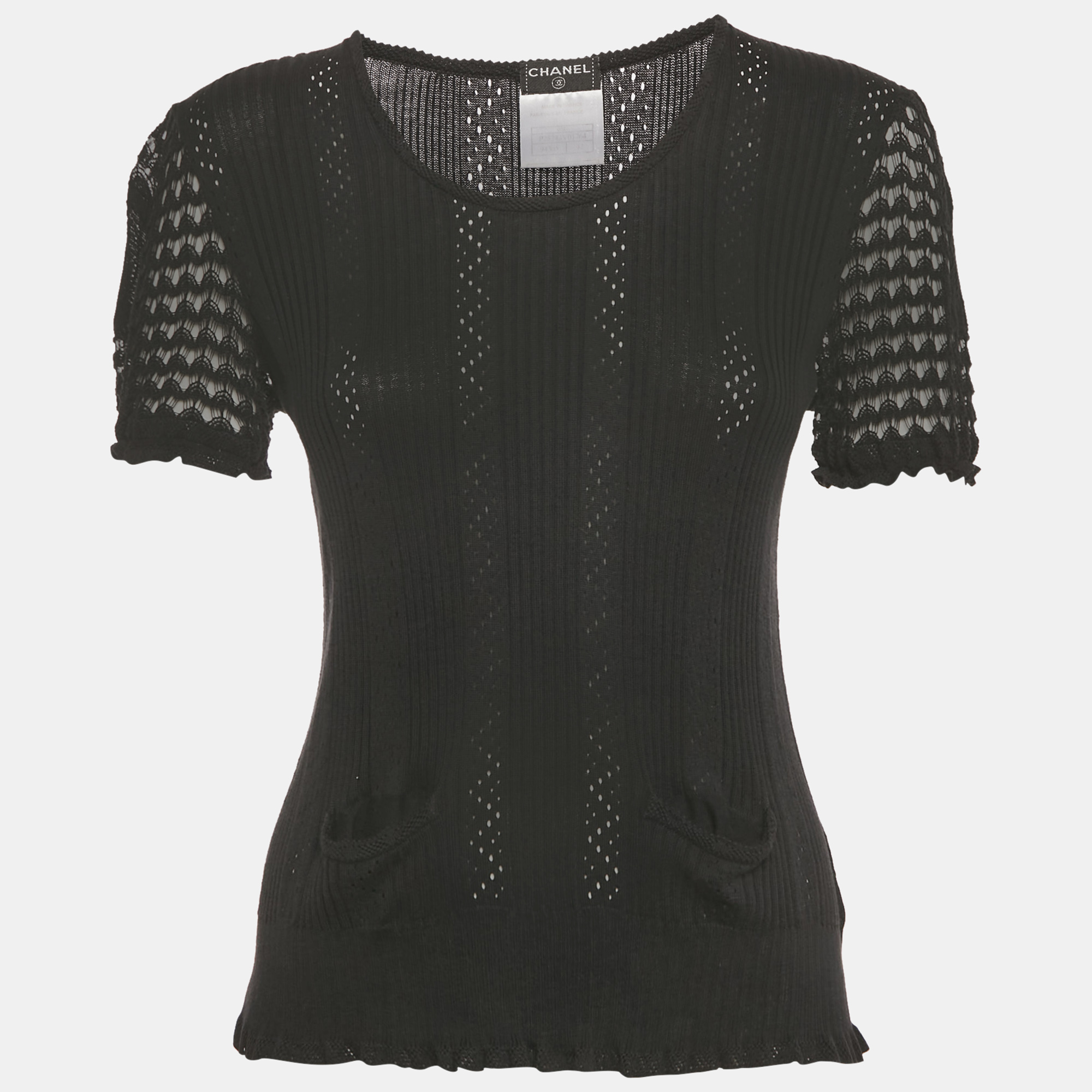 Chanel Black Rib Knit Pocket Front Top L, Shirts & Tops - Luxury Closet catalog
