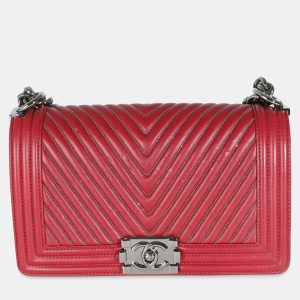 Chanel Burgundy Chevron Calfskin Chain Medium Boy Shoulder Bag, Shoulder Bags - Luxury Closet catalog