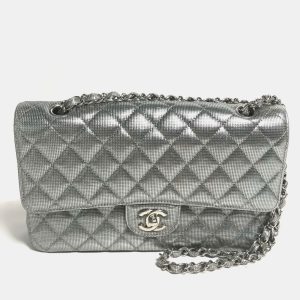 Chanel Metallic Silver Quilted Calfskin Pixel Effect Medium Classic Double Flap Bag, Shoulder Bags - Luxury Closet catalog