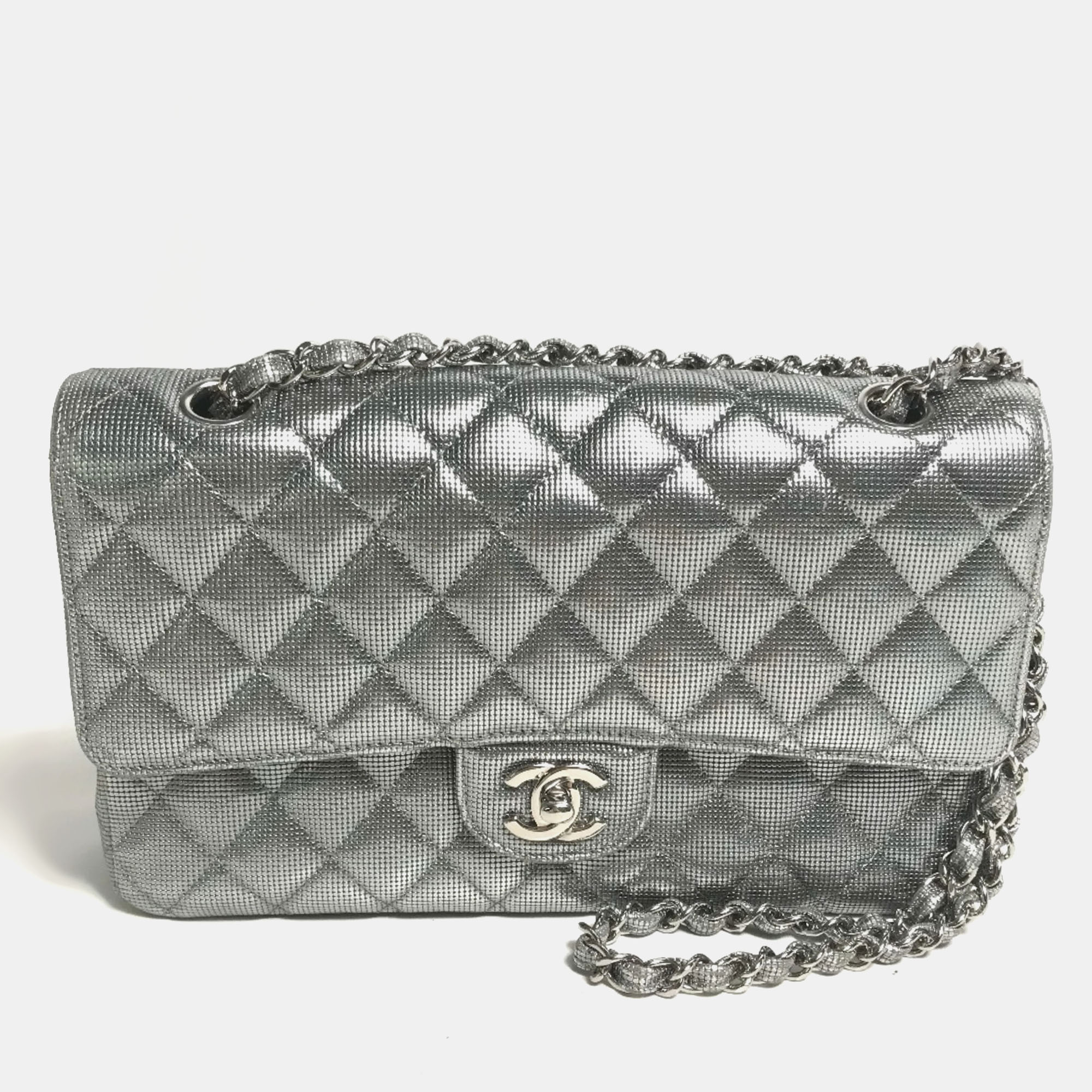 Chanel Metallic Silver Quilted Calfskin Pixel Effect Medium Classic Double Flap Bag, Shoulder Bags - Luxury Closet catalog