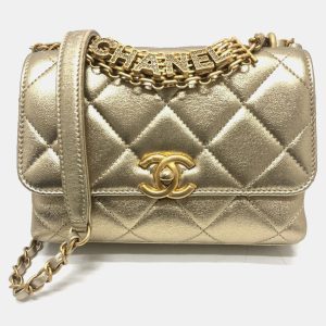 Chanel Gold Quilted Lambskin Mini Crystal Logo Letters Chain Handle Flap Bag, Shoulder Bags - Luxury Closet catalog