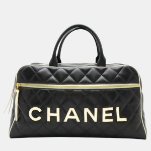 Chanel Black White Leather Matelasse Bowling Boston Bag, Satchels - Luxury Closet catalog