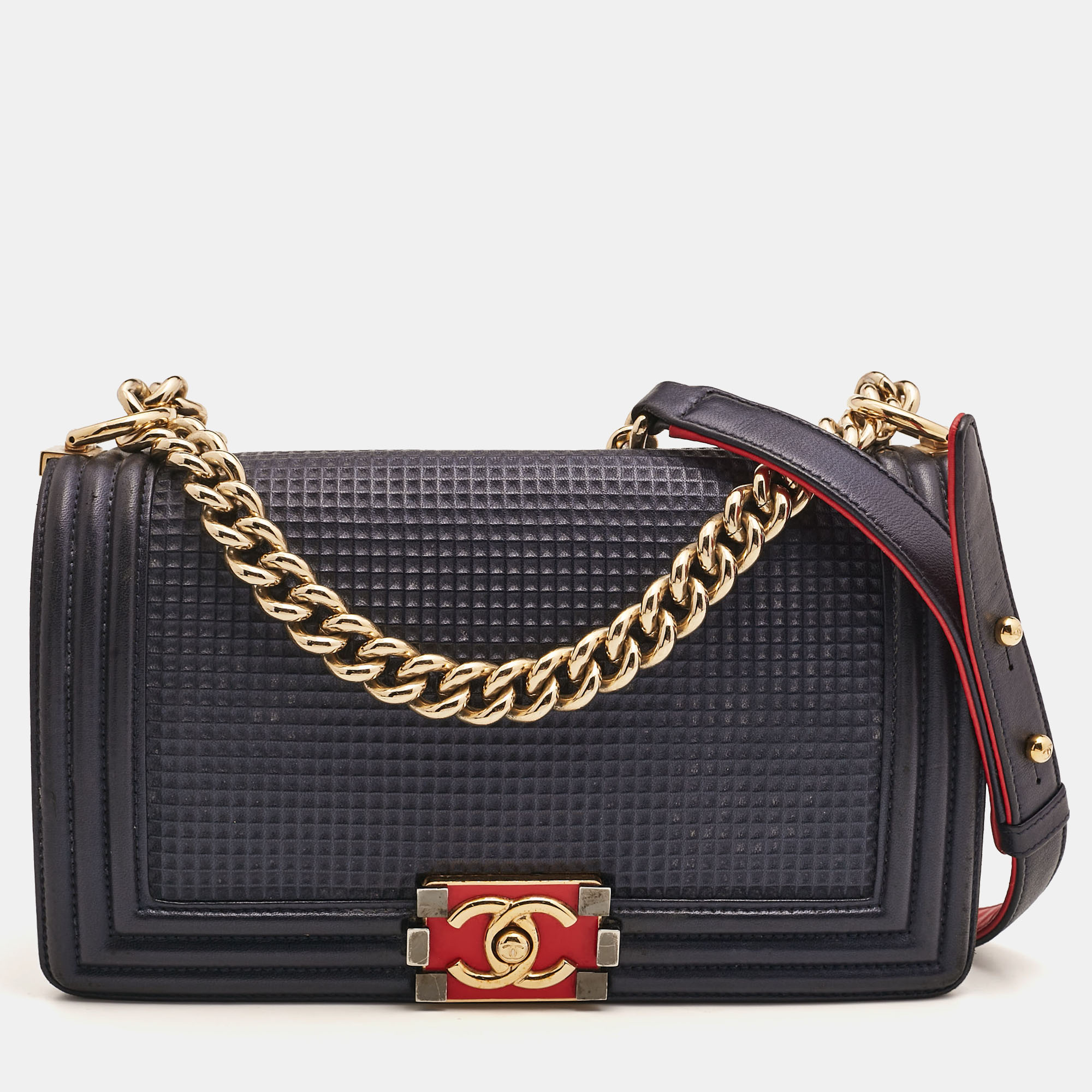 Chanel Navy Blue Cube Embossed Leather Medium Boy Flap Bag, Shoulder Bags - Luxury Closet catalog