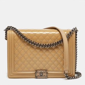 Chanel Beige Quilted Patent Leather Large Boy Flap Bag, Shoulder Bags - Luxury Closet catalog