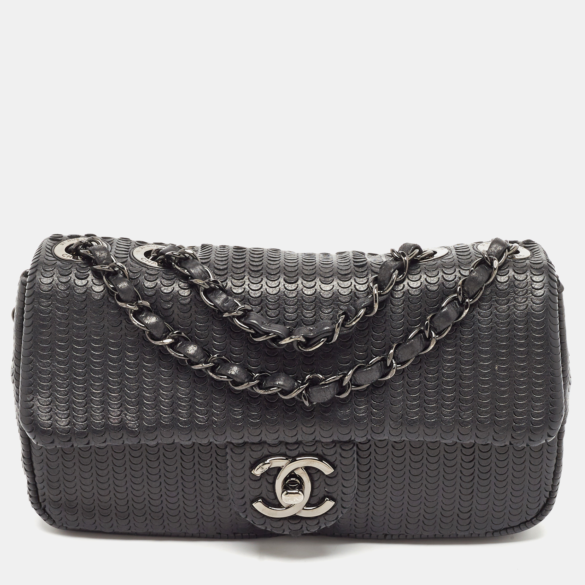 Chanel Black Embossed Leather Small Classic Single Flap Bag, Shoulder Bags - Luxury Closet catalog