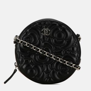 Chanel Black Leather Camellia Round Mini Chain Shoulder Bag, Handbags - Luxury Closet catalog