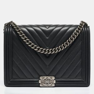 Chanel Black Chevron Leather Large Boy Flap Bag, Shoulder Bags - Luxury Closet catalog