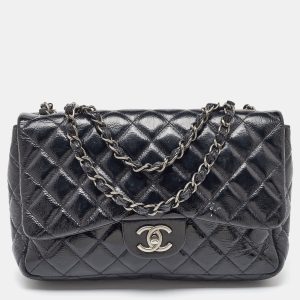 Chanel Black Crinkled Quilted Patent Leather Jumbo Single Flap Bag, Shoulder Bags - Luxury Closet catalog