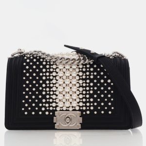Chanel Old Medium Black Satin Pearl Embellished Boy Bag, Shoulder Bags - Luxury Closet catalog