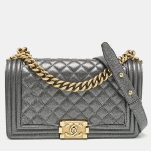 Chanel Metallic Grey Quilted Leather Medium Boy Flap Bag, Shoulder Bags - Luxury Closet catalog