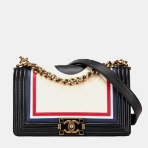 Chanel Black/White/Blue Lambskin Quilted Crest Embellished Medium Boy Flap Bag, Shoulder Bags - Luxury Closet catalog