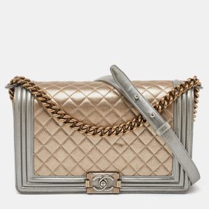 Chanel Gold/Silver Quilted Leather New Medium Boy Flap Bag, Shoulder Bags - Luxury Closet catalog