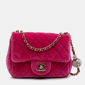Chanel Pink Mini Square Classic Velvet Pearl Crush Single Flap Shoulder Bag, Shoulder Bags - Luxury Closet catalog