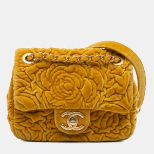 Chanel Yellow Mini Square Velvet Camellia Embossed Flap Bag, Shoulder Bags - Luxury Closet catalog