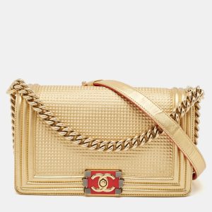 Chanel Gold/Red Cube Embossed Leather Medium Boy Flap Bag, Shoulder Bags - Luxury Closet catalog
