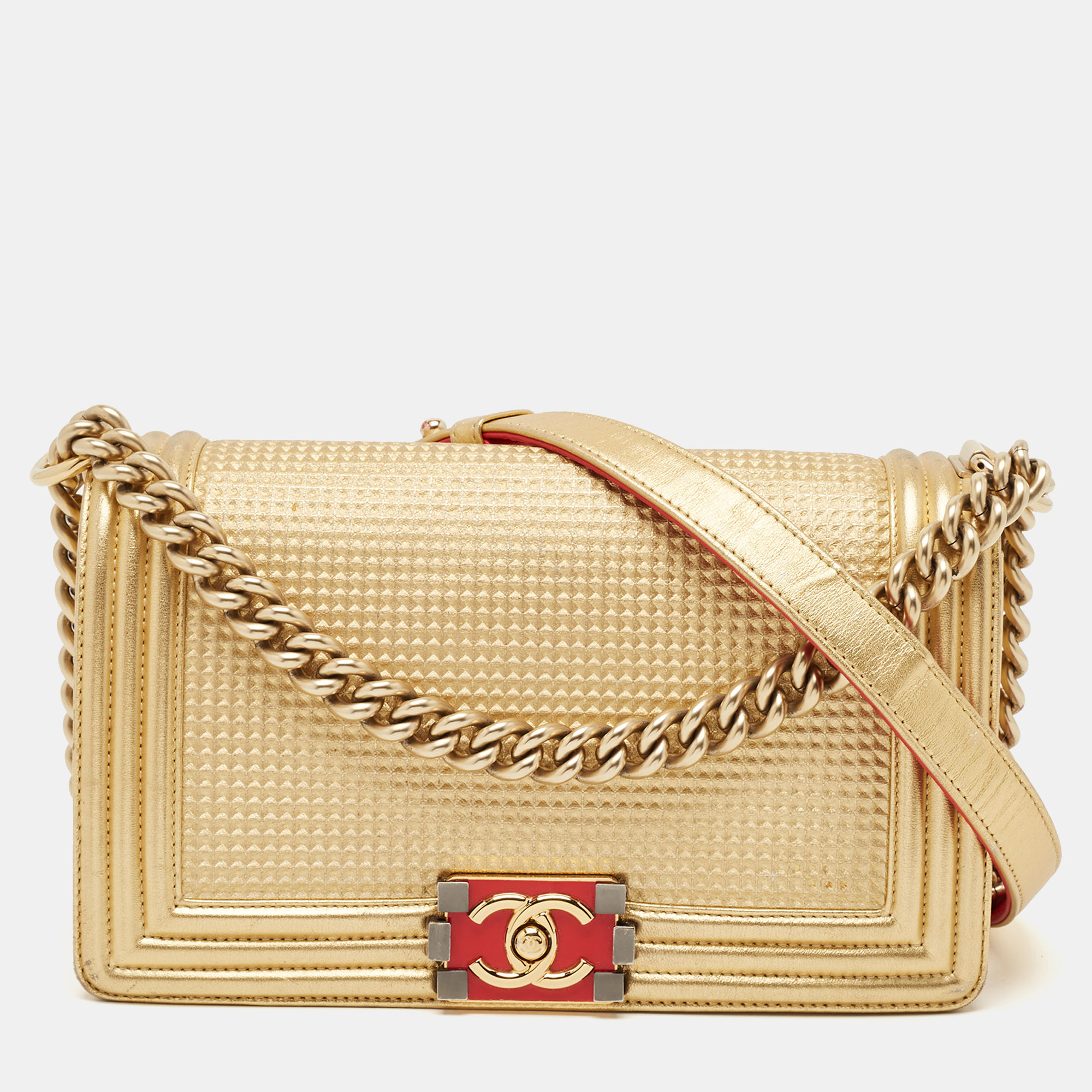 Chanel Gold/Red Cube Embossed Leather Medium Boy Flap Bag, Shoulder Bags - Luxury Closet catalog