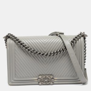 Chanel Grey Chevron Quilted Leather New Medium Boy Bag, Shoulder Bags - Luxury Closet catalog
