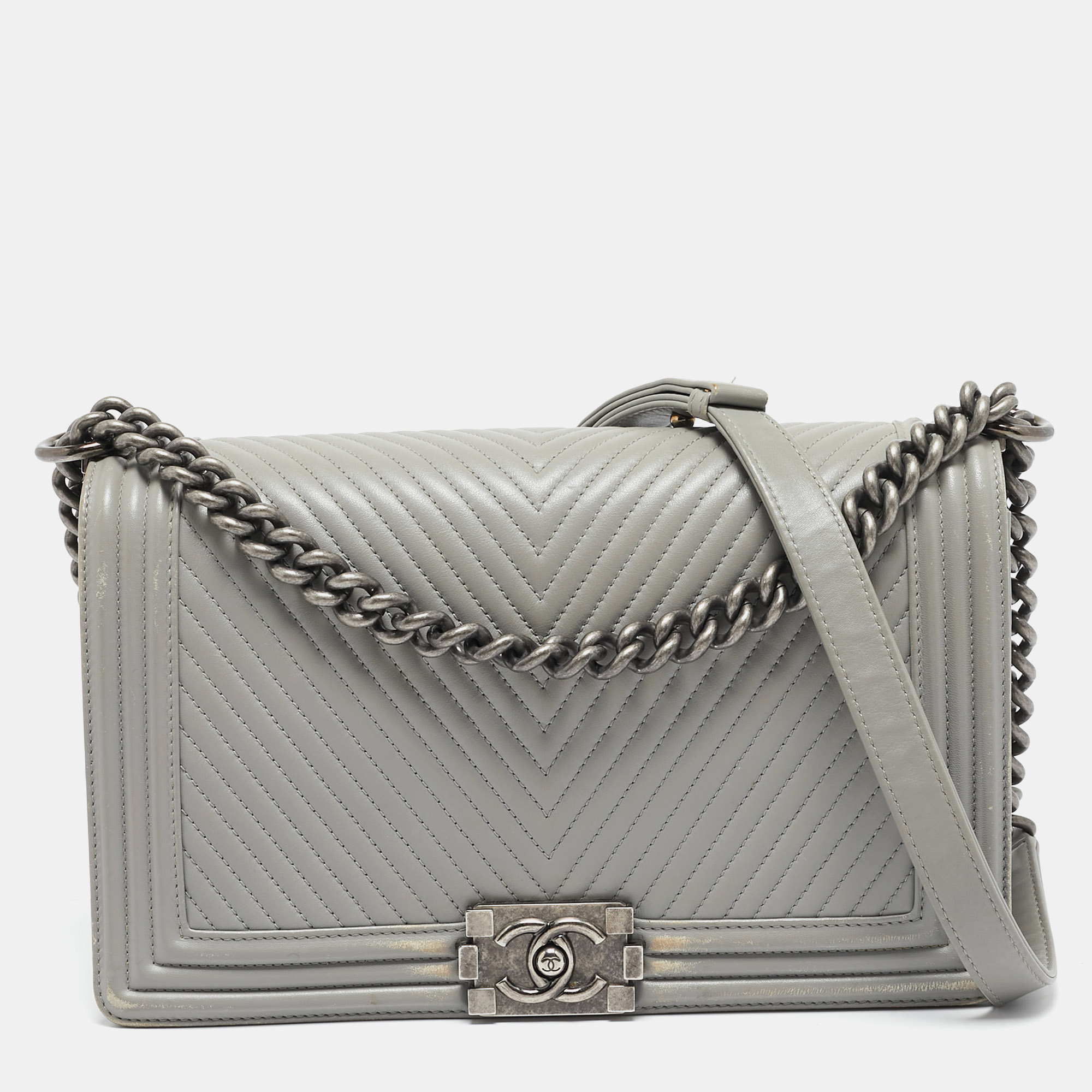 Chanel Grey Chevron Quilted Leather New Medium Boy Bag, Shoulder Bags - Luxury Closet catalog