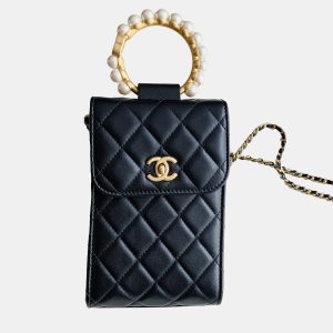 Chanel Black Lambskin Quilted Pearl Crown Phone Holder, Shoulder Bags - Luxury Closet catalog