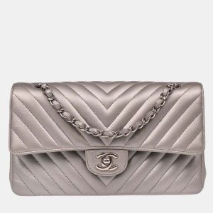 Chanel Silver Calfskin Chevron Medium Classic Double Flap Shoulder Bag, Shoulder Bags - Luxury Closet catalog