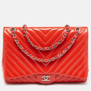 Chanel Orange Chevron Patent Leather Maxi Classic Single Flap Bag, Shoulder Bags - Luxury Closet catalog