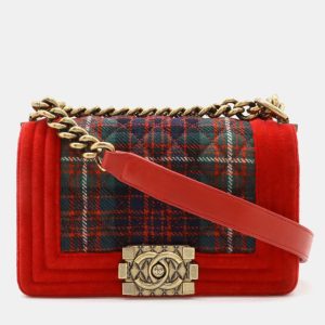 Chanel Red Velvet and Quilted Plaid Paris-Edinburgh Boy Bag, Shoulder Bags - Luxury Closet catalog