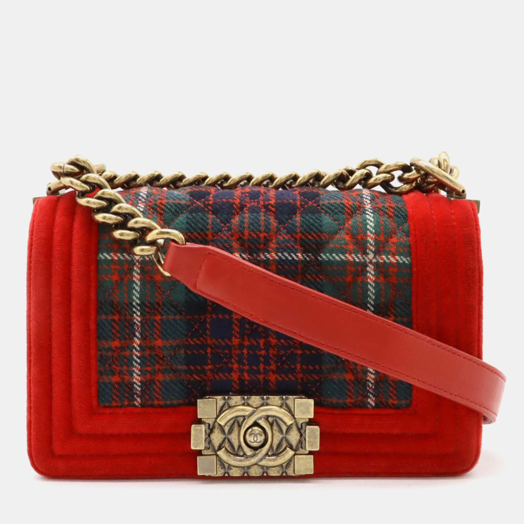 Chanel Red Velvet and Quilted Plaid Paris-Edinburgh Boy Bag, Shoulder Bags - Luxury Closet catalog