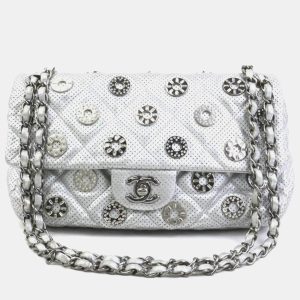 Chanel Silver Leather and Metal Rhinestone Paris-Dubai Perforated Eyelet Shoulder Bag, Shoulder Bags - Luxury Closet catalog
