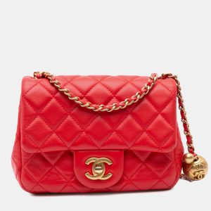 Chanel Red Mini Square Classic Lambskin Pearl Crush Single Flap Bag, Shoulder Bags - Luxury Closet catalog