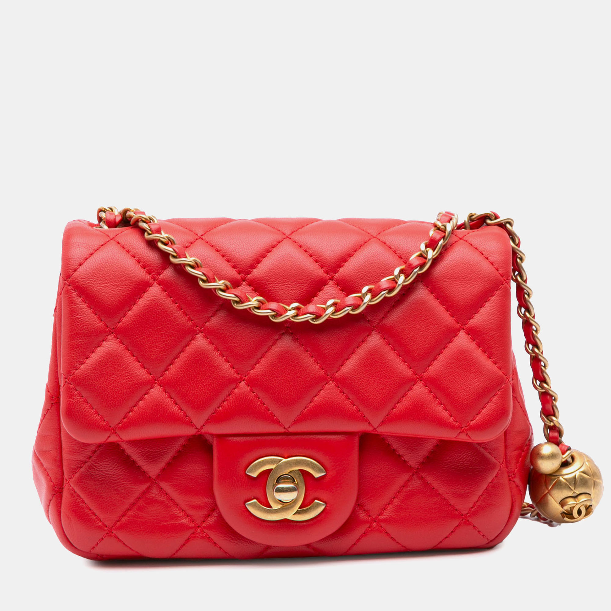 Chanel Red Mini Square Classic Lambskin Pearl Crush Single Flap Bag, Shoulder Bags - Luxury Closet catalog