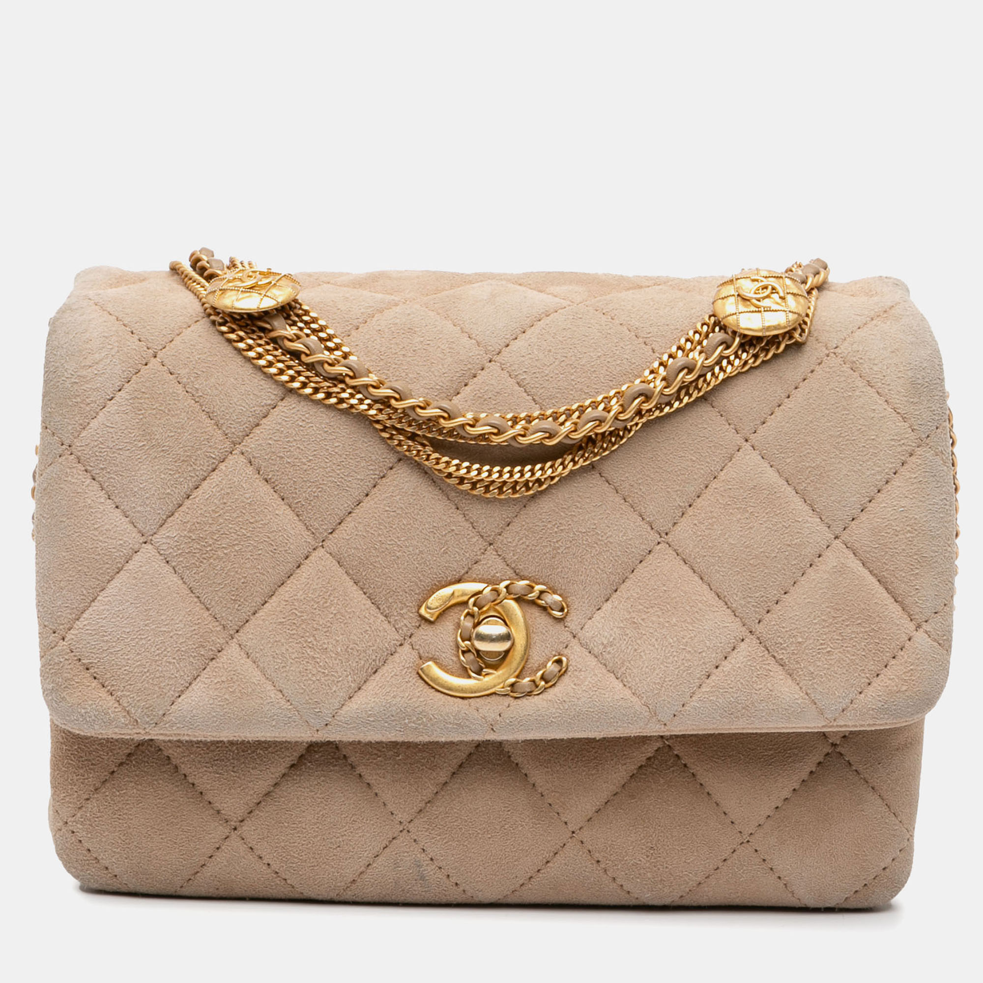 Chanel Beige Mini Quilted Velvet Precious Buttons Chain Flap Bag, Shoulder Bags - Luxury Closet catalog