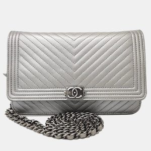 Chanel Silver Leather Caviar Chevron WOC Mini Crossbody Bag, Wallets & Money Clips - Luxury Closet catalog
