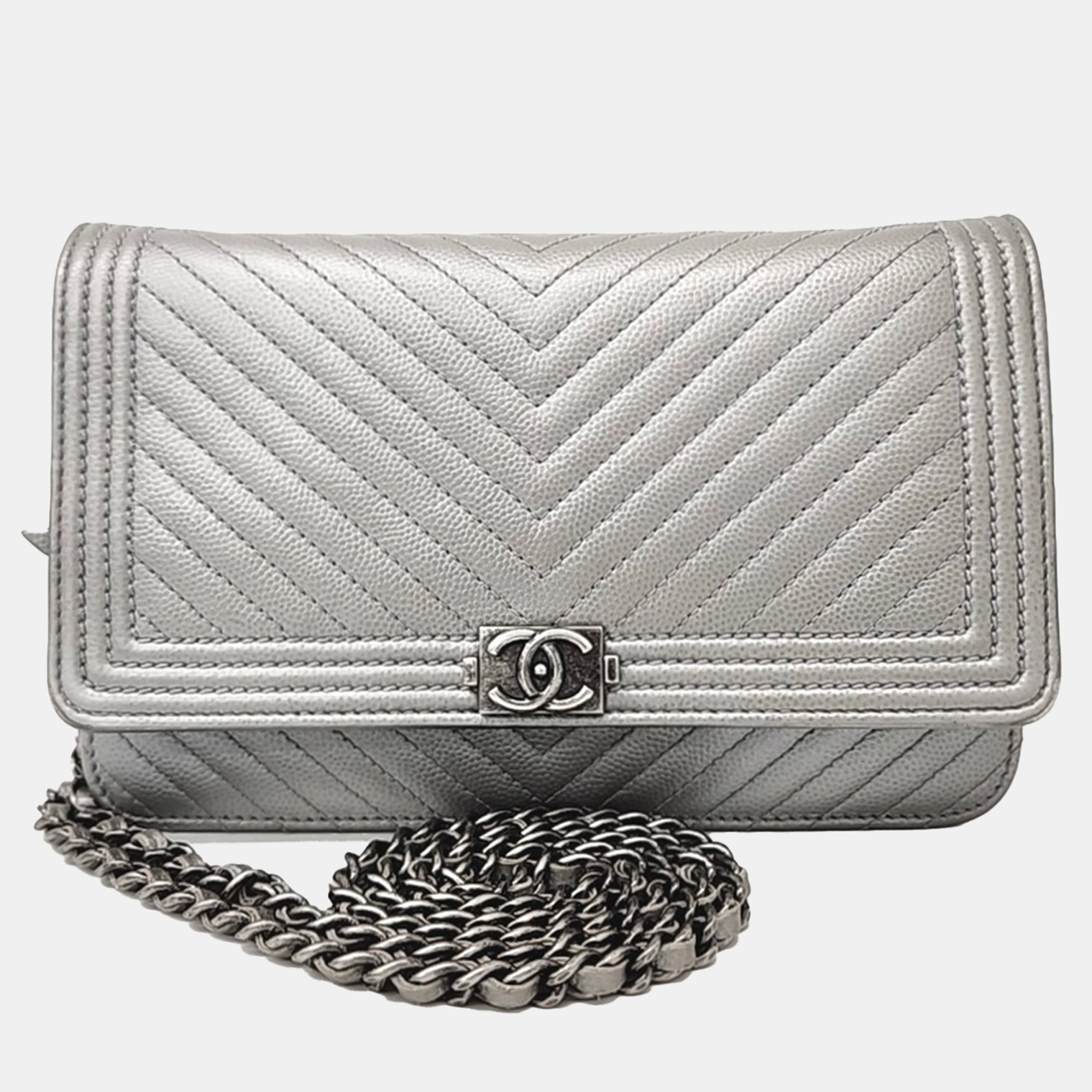 Chanel Silver Leather Caviar Chevron WOC Mini Crossbody Bag, Wallets & Money Clips - Luxury Closet catalog