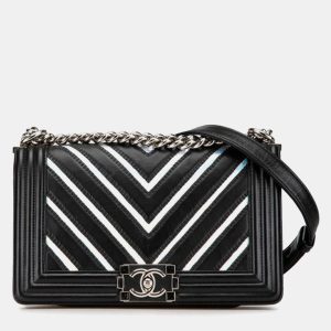 Chanel Black Silver Lambskin Patent Leather Chevron Boy Shoulder Bag, Shoulder Bags - Luxury Closet catalog