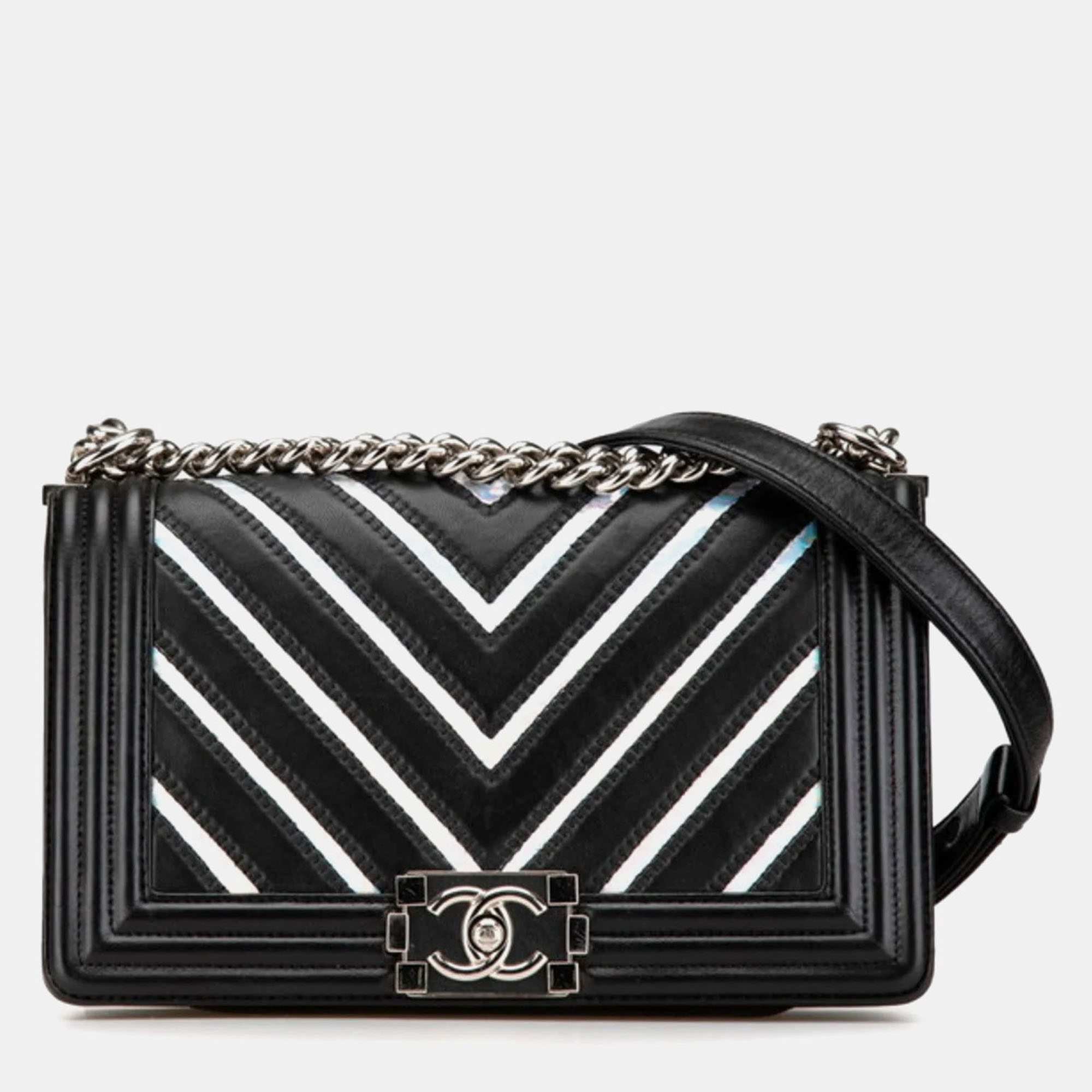 Chanel Black Silver Lambskin Patent Leather Chevron Boy Shoulder Bag, Shoulder Bags - Luxury Closet catalog
