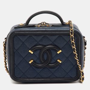 Chanel Navy Blue/Black Quilted Caviar Leather Small CC Filigree Vanity Case Bag, Shoulder Bags - Luxury Closet catalog