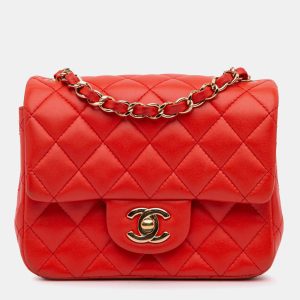 Chanel Red Mini Square Classic Lambskin Single Flap, Shoulder Bags - Luxury Closet catalog