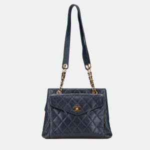 Chanel Navy Blue Quilted Caviar Front Pocket Chain Tote, Tote Handbags - Luxury Closet catalog