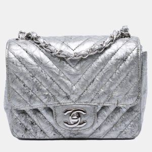 Chanel Silver Mini Square Classic Chevron Metallic Crumpled Patent Single Flap, Shoulder Bags - Luxury Closet catalog