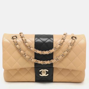 Chanel Beige/Black Quilted Leather Medium Bicolor Classic Double Flap Bag, Shoulder Bags - Luxury Closet catalog