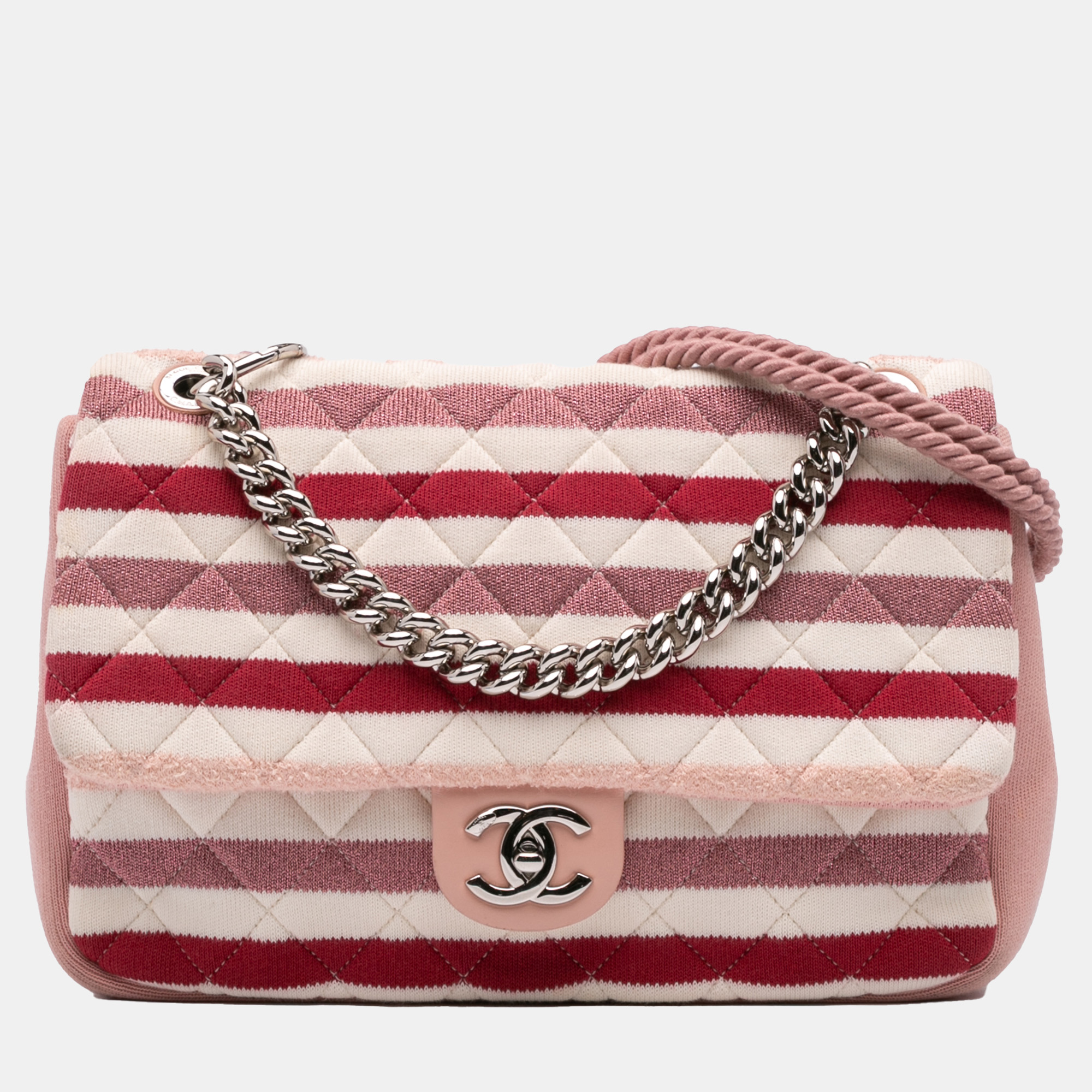 Chanel Pink White Jumbo Stripe Jersey Felt and Rope Flap, Shoulder Bags - Luxury Closet catalog
