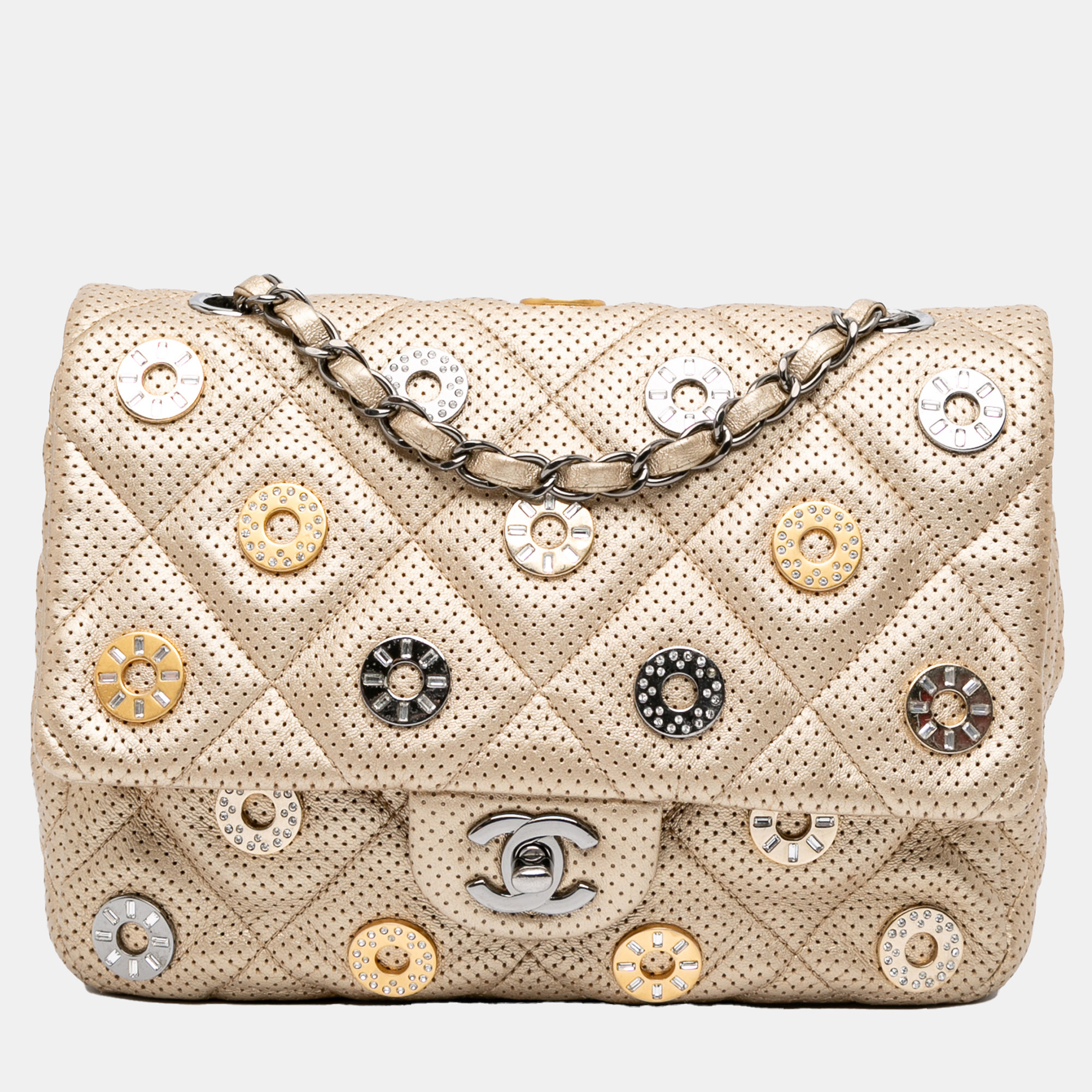 Chanel Gold Paris-Dubai Small Perforated Metallic Lambskin Medals Flap, Shoulder Bags - Luxury Closet catalog