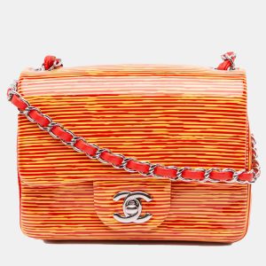 Chanel Orange Mini Square Classic Patent Striped Single Flap, Shoulder Bags - Luxury Closet catalog