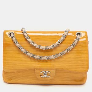 Chanel Yellow Striped Patent Leather Jumbo Classic Double Flap Bag, Shoulder Bags - Luxury Closet catalog