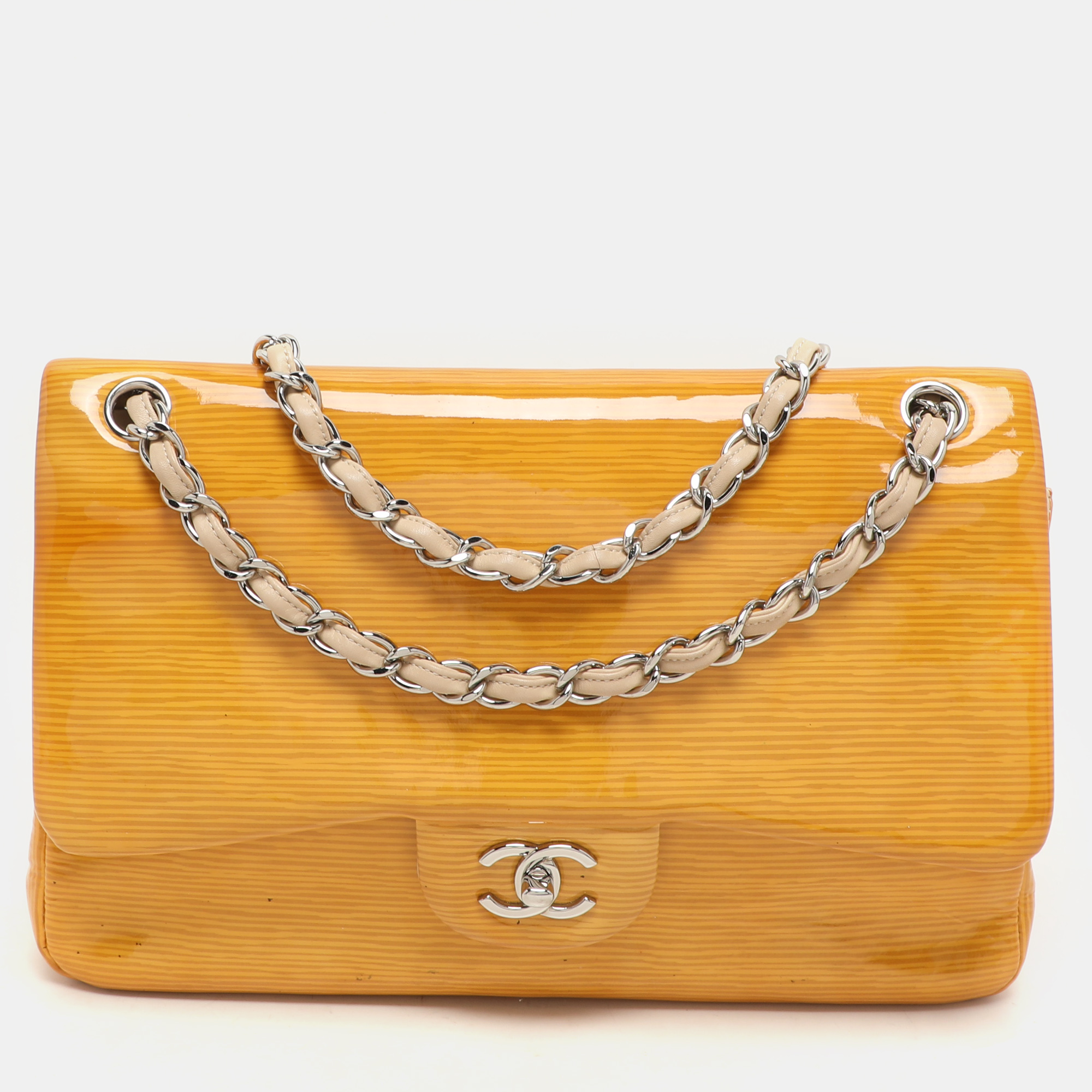 Chanel Yellow Striped Patent Leather Jumbo Classic Double Flap Bag, Shoulder Bags - Luxury Closet catalog