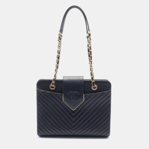 Chanel Navy Chevron Leather V-Stitch Tote Bag, Shoulder Bags - Luxury Closet catalog