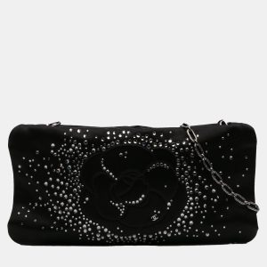 Chanel Black Satin Diamante Camellia Clutch with Chain, Clutches & Special Occasion Bags - Luxury Closet catalog